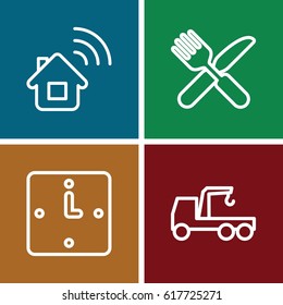 set of 4 sign outline icons such as truck with hook, fork and knife, wall clock