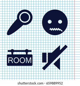 Set of 4 silence filled icons such as emot with zipper mouth, no sound, room tag
