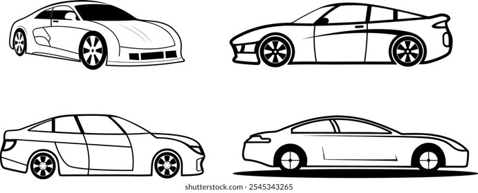 Conjunto de 4 siluetas de coche sobre fondo blanco. Vista lateral, superior y frontal del coche de Vector Fil and Outline.