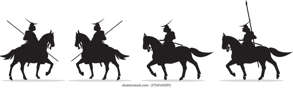 Set of 4 silhouettes of Sengoku samurai riding horses with spears, editable vector illustration.
