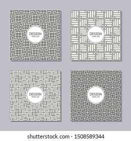 Set of 4 simple abstract frames and seamless patterns. Line badges. Applicable for Posters, Placards, Covers, Cards, Flyers and Banner Designs. Abstract geometry banners. Vector illustration.