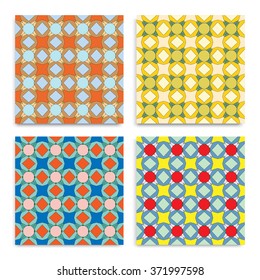Set of 4 simple geometric seamless patterns. Mosaic style. Arabic, islamic, indian ornament. Tribal ethnic colorful repeating texture for fabric or paper print, banners, cards or invitation design.
