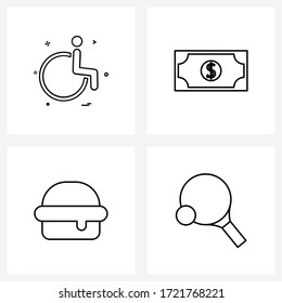 Conjunto de 4 iconos de línea sencillos para la Web y la impresión, como discapacitados; hamburguesa; dólar; desayuno; raqueta de tenis de mesa Vector Ilustración