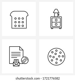 Set of 4 Simple Line Icons of bread; disk; drawer; furniture; bread Vector Illustration