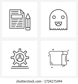 Conjunto de 4 iconos de línea simples del documento; engranaje; informe; aterrador; ilustración del vector alimentario