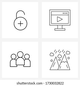 Set of 4 Simple Line Icons for Web and Print such as open; people; add; stream; users Vector Illustration