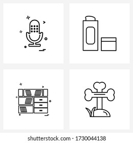 Set of 4 Simple Line Icons of microphone; books; audio; ladies; grave Vector Illustration
