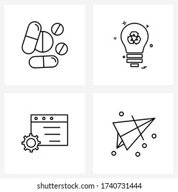 Set of 4 Simple Line Icons for Web and Print such as medicine; website setting; tablets; bulb; setting Vector Illustration