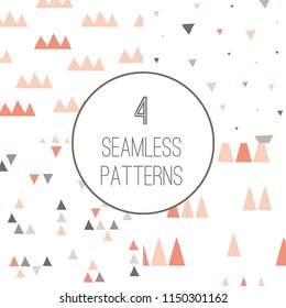 Set with 4 simple minimalistic seamless geometric patterns.  Trendy creative abstract shapes. Pink and grey triangles.Hand drawn doodle texture for modern and original textile, fabric, wrapping paper