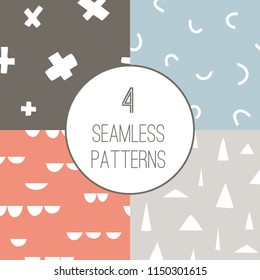 Set with 4 simple minimalistic seamless geometric patterns.  Trendy creative abstract shapes. Hand drawn doodle texture for modern and original textile, fabric, wrapping paper, wall art design