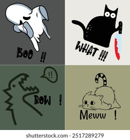 Conjunto de 4 diseño de camiseta simple sobre fantasma, gato asesino, dinosaurio y linda Ilustración vectorial de gatito