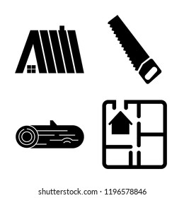 Set of 4 simple vector icons such as Roof, Saw, Wood, House Plan, editable pack for web and mobile