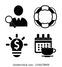 Set of 4 simple vector icons such as Search people, Lifeguard, Lightbulb on with dollar, Tea meeting event date, editable pack for web and mobile