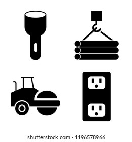 Set of 4 simple vector icons such as Torch, Tubes Hook, Steamtroller, Socket, editable pack for web and mobile