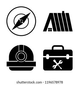 Set of 4 simple vector icons such as Compass, Roof, Torch Helmet, Toolbox, editable pack for web and mobile