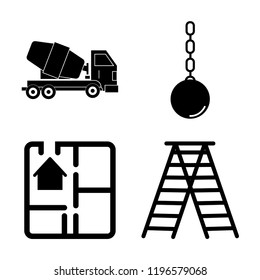 Set of 4 simple vector icons such as Cement Truck, Wrecking Ball, House Plan, Ladder, editable pack for web and mobile