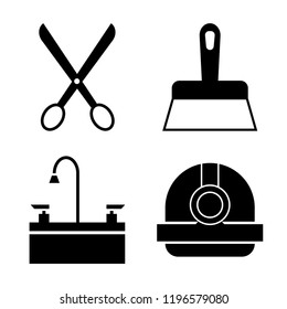 Set of 4 simple vector icons such as Scissors, Scraper, Sink, Torch Helmet, editable pack for web and mobile