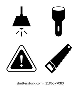 Set of 4 simple vector icons such as Lamp, Torch, Danger, Saw, editable pack for web and mobile