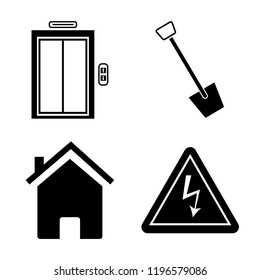 Set of 4 simple vector icons such as Elevator, Shovel, Home, Danger, editable pack for web and mobile