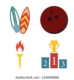 Set of 4 simple vector icons such as Surf, Bowling, Torch, Podium, editable pack for web and mobile