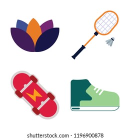 Set Of 4 Simple Vector Icons Such As Yoga, Badminton, Skateboard, Shoe, Editable Pack For Web And Mobile