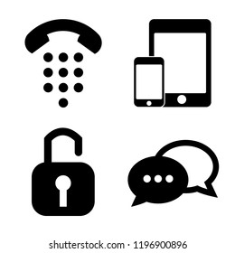 Set of 4 simple vector icons such as Telephone, Devices, Padlock, Speech bubble, editable pack for web and mobile