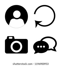 Set of 4 simple vector icons such as User, Reload, Photo camera, Speech bubble, editable pack for web and mobile