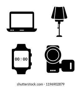 Set of 4 simple vector icons such as Computer, Desk lamp, Wristwatch, Camcorder, editable pack for web and mobile