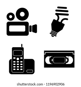 Set of 4 simple vector icons such as Video camera, Light bulb, Home phone, Vhs, editable pack for web and mobile