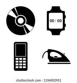 Set of 4 simple vector icons such as Cd, Wristwatch, Mobile phone, Iron, editable pack for web and mobile