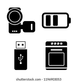 Set of 4 simple vector icons such as Camcorder, Battery, Flash drive, Oven, editable pack for web and mobile