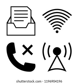 Set of 4 simple vector icons such as Mail in inbox tray, Wifi, Phone auricular with a cross, Tower, editable pack for web and mobile