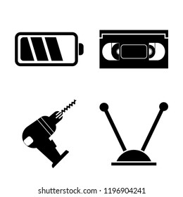 Set of 4 simple vector icons such as Battery, Vhs, Driller, Antenna, editable pack for web and mobile
