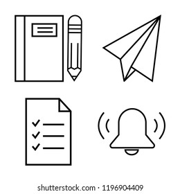 Set of 4 simple vector icons such as Notebook, Paper plane, List, Alarm, editable pack for web and mobile