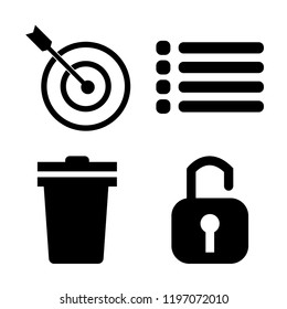 Set of 4 simple vector icons such as Target, List, Garbage, Padlock, editable pack for web and mobile