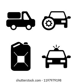 Set of 4 simple vector icons such as Transportation Van, Car Secure, Petrol Can, Police Car, editable pack for web and mobile