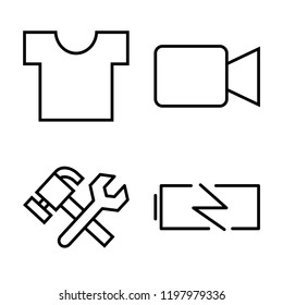 Set of 4 simple vector icons such as Shirt, Video Player, Fix, Charging Battery, editable pack for web and mobile