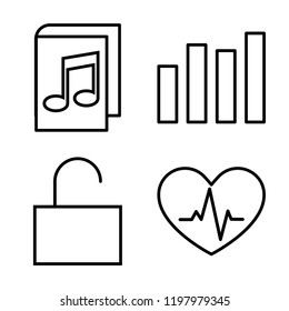 Set of 4 simple vector icons such as eBook, Bar Chart, Unlock, Cardiogram, editable pack for web and mobile