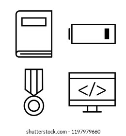 Set of 4 simple vector icons such as Book, Low Battery, Medal, Coding, editable pack for web and mobile