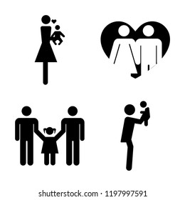 Set of 4 simple vector icons such as Mother loving her baby, Couple in love, Men couple with a daughter, Man rising his baby from side view, editable pack for web and mobile