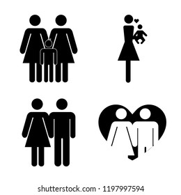 Set of 4 simple vector icons such as Women couple with a son, Mother loving her baby, Couple, Couple in love, editable pack for web and mobile