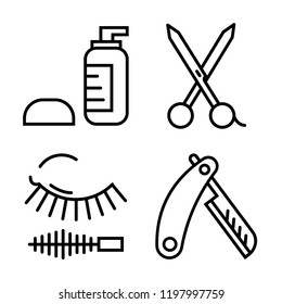 Set of 4 simple vector icons such as Lotion, Scissors, Mascara, Razor, editable pack for web and mobile