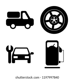 Set of 4 simple vector icons such as Transportation Van, Car Wheel, Repair service, Old Petrol Station, editable pack for web and mobile