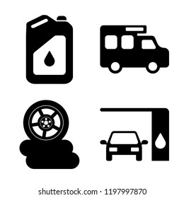 Set Of 4 Simple Vector Icons Such As Oil Can, Trailer Car, Three Wheels, Changing Car Oil, Editable Pack For Web And Mobile