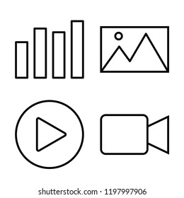 Set of 4 simple vector icons such as Bar Chart, Image, Play Circular Button, Video Player, editable pack for web and mobile