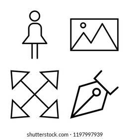 Set of 4 simple vector icons such as Woman with Skirt, Image, Scale, Pen Tip, editable pack for web and mobile