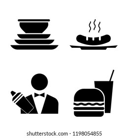 Set of 4 simple vector icons such as Dishes, Sausages, Barman, Fast food, editable pack for web and mobile