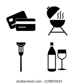 Set of 4 simple vector icons such as Cit card, Barbecue, Fork, Wine, editable pack for web and mobile