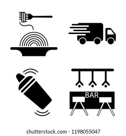 Set of 4 simple vector icons such as Pasta, Delivery, Shaker, Bar, editable pack for web and mobile