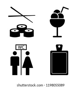 Set of 4 simple vector icons such as Sushi, Ice cream, Wc, Board, editable pack for web and mobile